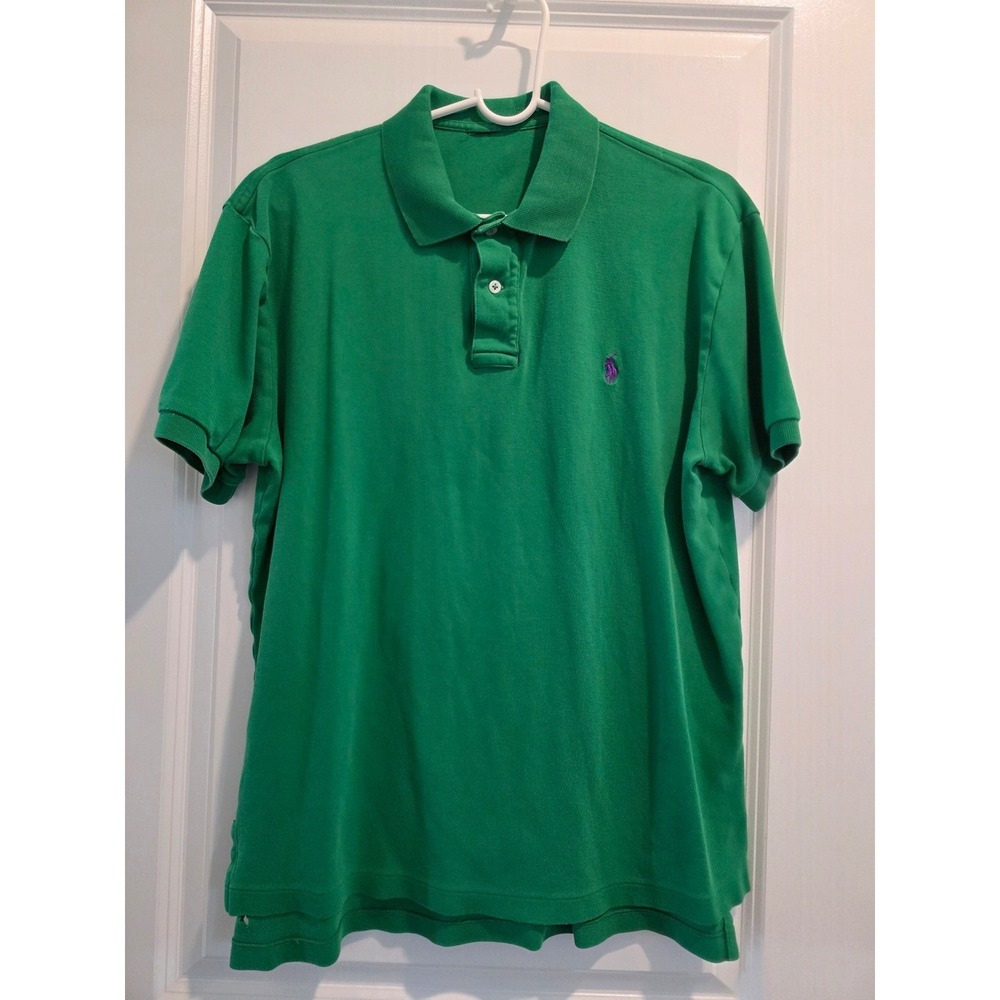 Mens sz L Polo Ralph Lauren Green Short Sleeve Pique Polo Shirt Purple Pony Logo